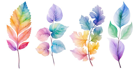 Obraz premium Watercolor colorful spring floral Pastel Leaves and flowers elements isolated on background, bouquets greeting or wedding card decoration.