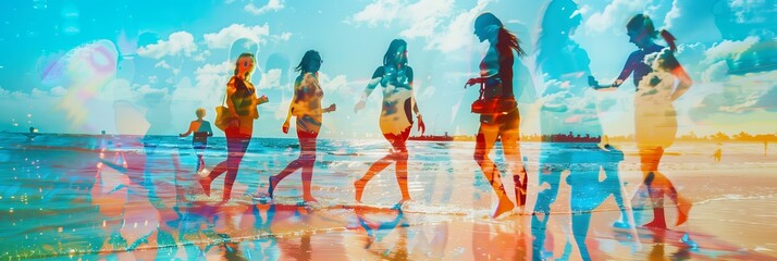 young people having fun on the beach, trendy motion blur style, spring break with vibrant colors