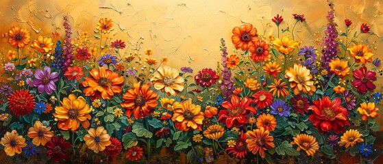 A vibrant tapestry of marigolds, daisies and sunflowers, woven together on a warm, golden canvas.