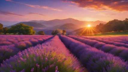 Fotobehang In the center of the card is a large, blooming lavender flower with purple petals reaching the top edge of the card. The flower glows gently and creates a peaceful atmosphere around it. The sunrise ca © Muhammad