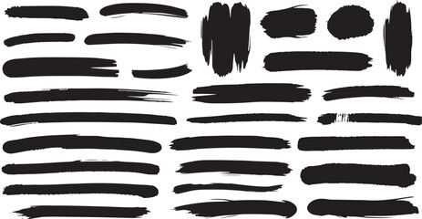 "Variegated Grunge Brush Strokes Collection on White Background. An assorted assortment of black grunge brush strokes perfect for textured designs and artistic graphics, isolated on white. Vector brus