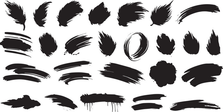 "Variegated Grunge Brush Strokes Collection on White Background. An assorted assortment of black grunge brush strokes perfect for textured designs and artistic graphics, isolated on white. Vector brus