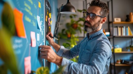 Focused man engaging in creative brainstorming with sticky notes on a home office board.
