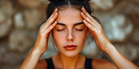 Woman easing tension, seeking relief from a migraine with focus.