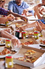 Group, friends and party with pizza, beverage and diversity for joy or fun with youth. People, soda and fast food with drink, social gathering and snack for lunch or eating at italian pizzeria