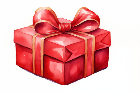 Hand painted watercolor of redgift box adorned with ribbon bow