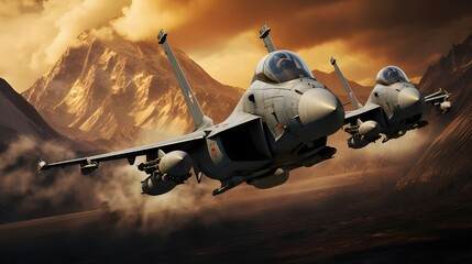 Fototapeta premium A pair of fighter jets fly in formation over a desert landscape with a mountain backdrop.