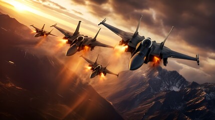 A formation of fighter jets fly through a cloudy sky with mountains in the background. - obrazy, fototapety, plakaty