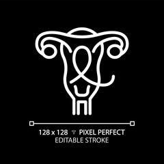 Gynecologic cancer white linear icon for dark theme. Female reproductive system disease. Woman oncology. Menstrual health. Thin line illustration. Isolated symbol for night mode. Editable stroke