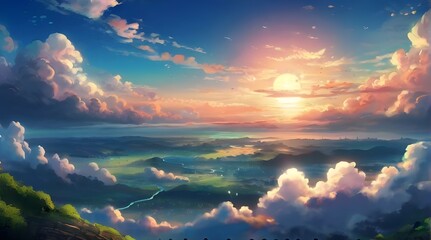 Bright sunset paints the mountain sky with streaks of orange and purple, Anime fantasy sky and shooting star , wallpaper background, generative ai