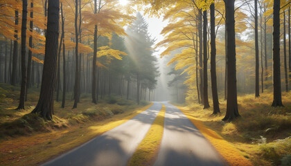 Road crossing a forest in autumn with yellow leaves on the trees
