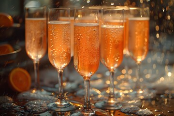 Champagne glasses were placed on the table and enjoyed with friends in a good atmosphere. It symbolizes the happiness that arises in that moment when everyone comes together to create good memories.