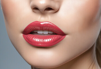 Close up view of beautiful woman lips with natural colour lipstick