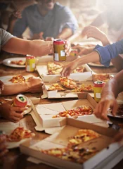 Deurstickers Group, friends and hands with pizza, celebration and diversity for joy or fun with youth. People, soda and fast food with drink, social gathering and snack for lunch or eating at italian pizzeria © YATrainer/peopleimages.com