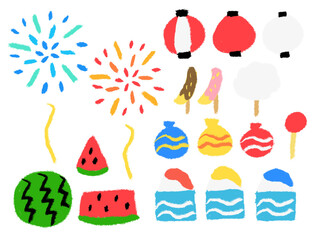 子どもがクレヨンで描いたような手書き風の可愛い夏祭りのセット（ベクター版）