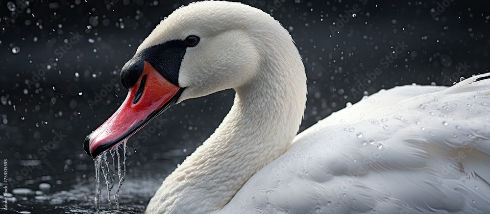 Poster graceful and majestic white swan showcasing its stunning red beak in a serene lake setting