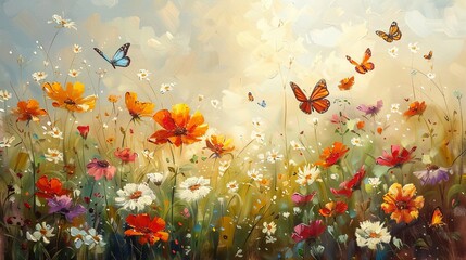 Impressionist Painting of Butterflies and Wildflowers - obrazy, fototapety, plakaty