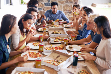 Group, friends and party with pizza, restaurant and diversity for joy or fun with youth. Men, Women...