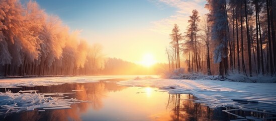 Majestic Sunset Casting Golden Glow on Calm Waters of the Lake