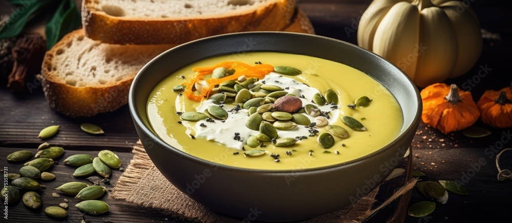 Poster steaming bowl of flavorful soup served with fresh bread and a rustic spoon