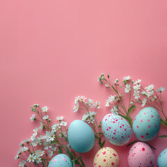 Easter eggs and flowers on pink background, copy space - 753515705
