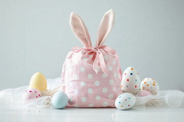 Easter gift in a shape of bunny and decorated eggs on pastel gray background