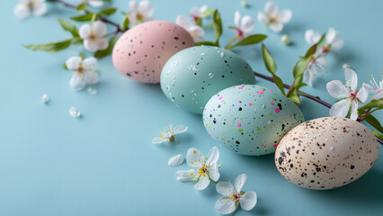 Easter eggs and flowers on pink background, copy space