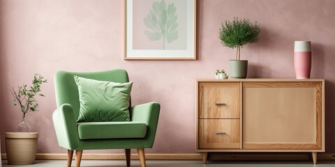 Obraz na płótnie Canvas Pink pillow on green armchair near rustic cupboard in living room with poster.