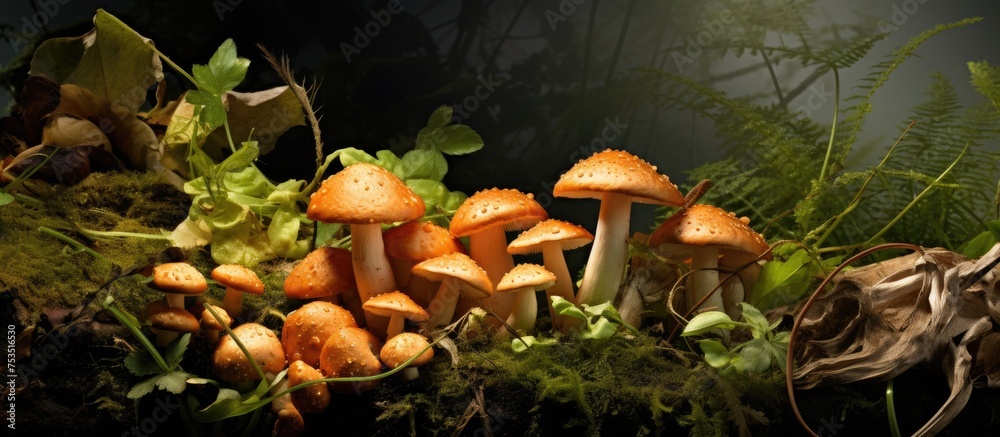 Poster enchanting forest discovery: assorted fungi cluster in lush woodland setting