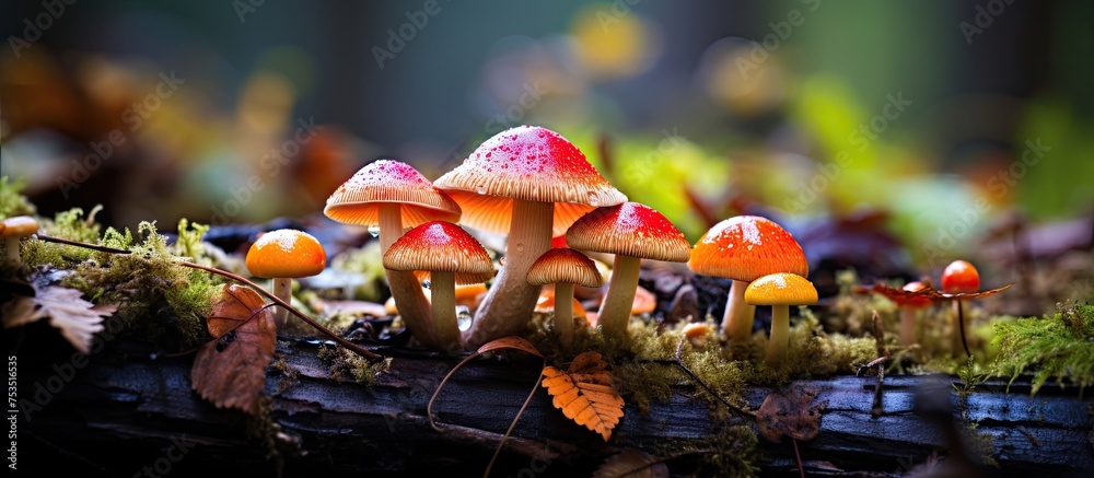 Poster enchanted forest scene with a cluster of colorful mushrooms growing on a fallen tree trunk