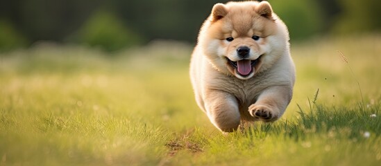 Joyful Pup Frolicking Amidst Lush Greenery in a Spirited Playful Chase - obrazy, fototapety, plakaty