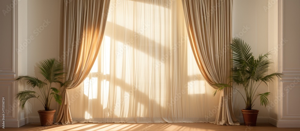 Poster serene atmosphere in a sunlit room with large window and flowing curtains for relaxation
