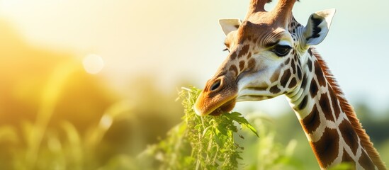 Graceful Giraffe Gracefully Nibbling Leaves in a Lush Green Field at Sunset - obrazy, fototapety, plakaty