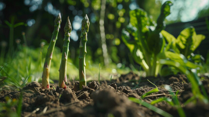 Young asparagus shoots emerge from the soil, basking in the warm sunlight.