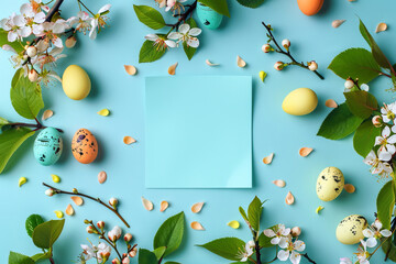Small piece of paper with empty space surrounded by Easter eggs and spring flower blossoms. Blue background. - 753516999