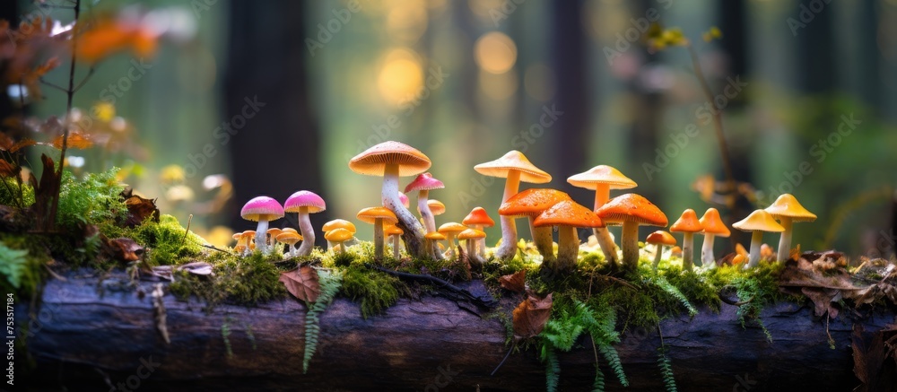 Poster Enchanting Group of Mushrooms Flourishing on a Weathered Log in a Serene Forest Setting