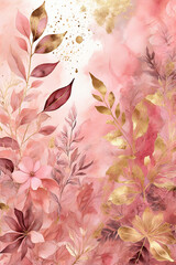 Watercolor floral background with pink flowers and golden leaves. Hand-drawn illustration.