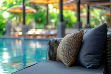 Luxurious Poolside Lounging Area with Elegant Rattan Furniture and Plush Cushions