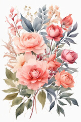 Hand drawn watercolor bouquet of roses, peonies, leaves.
