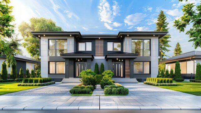 New residential townhouses. Modern townhouse design. Modern complex of apartment buildings. Concept of real estate development, house for sale and housing market
