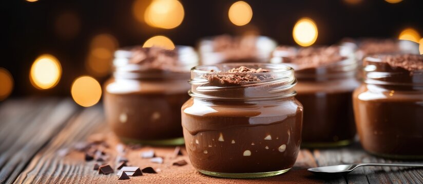 Indulgent Treat: Glass Jar of Decadent Chocolate Pudding with Shiny Spoon for a Tempting Dessert