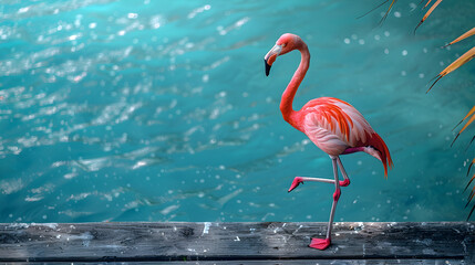 Pink Flamingo Standing in a Beautiful Lake Water - obrazy, fototapety, plakaty