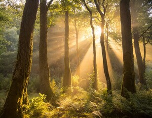 Mystical Forest with beaming light through the trees	
