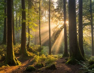 Mystical Forest with beaming light through the trees 
