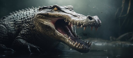 Fierce Crocodile Roaring with Jaws Wide Open in a Terrifying Water Scene