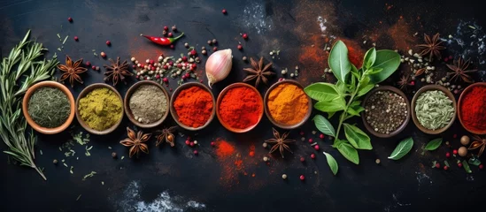 Tafelkleed Aromatic Spices and Herbs Arranged Artfully on a Moody Dark Background © vxnaghiyev