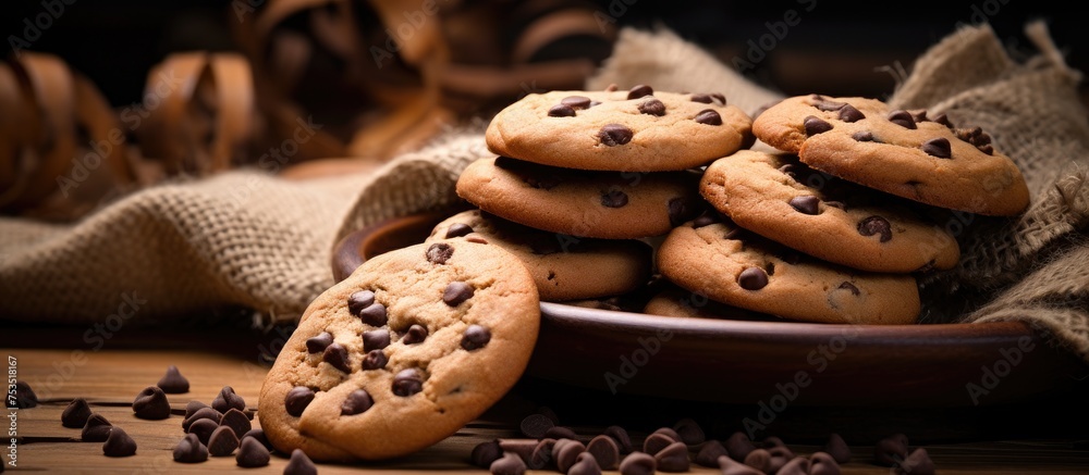 Aufkleber scrumptious chocolate chip cookies overflowing with chocolate chips on a plate