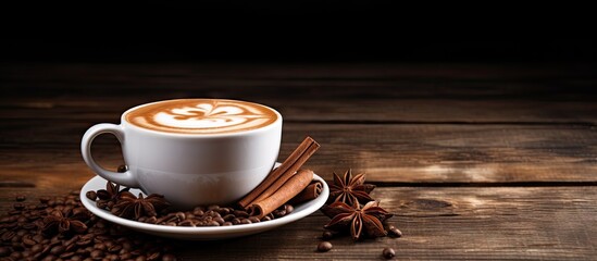Warm Morning Delight: Aromatic Coffee Cup Surrounded by Cinnamon and Roasted Beans
