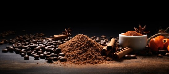 Rich Aroma and Flavors - Coffee Cup Surrounded by Roasted Coffee Beans and Nuts - obrazy, fototapety, plakaty