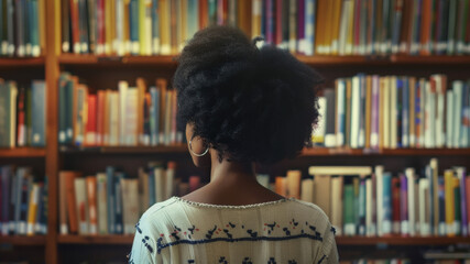 Back view of a woman contemplating rows of books in a library.